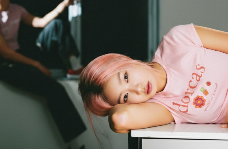 Person with pink hair wearing a pink shirt sitting on a table in a room.